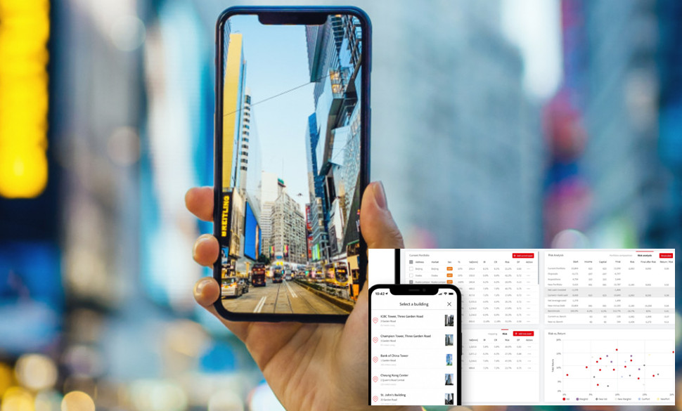 Person taking a picture of Causeway bay with iPhone, and demo and screenshots of OfficeBlocks platform